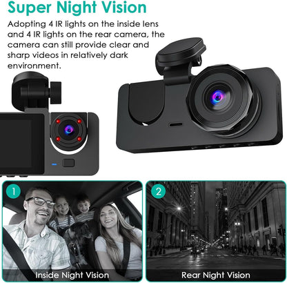 3-Channel Dash Cam 1080P | Front, Rear & Inside Car Camera with Night Vision