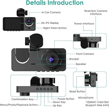 3-Channel Dash Cam 1080P | Front, Rear & Inside Car Camera with Night Vision