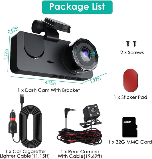 3-Channel Dash Cam 1080P | Front, Rear & Inside Car Camera with Night Vision