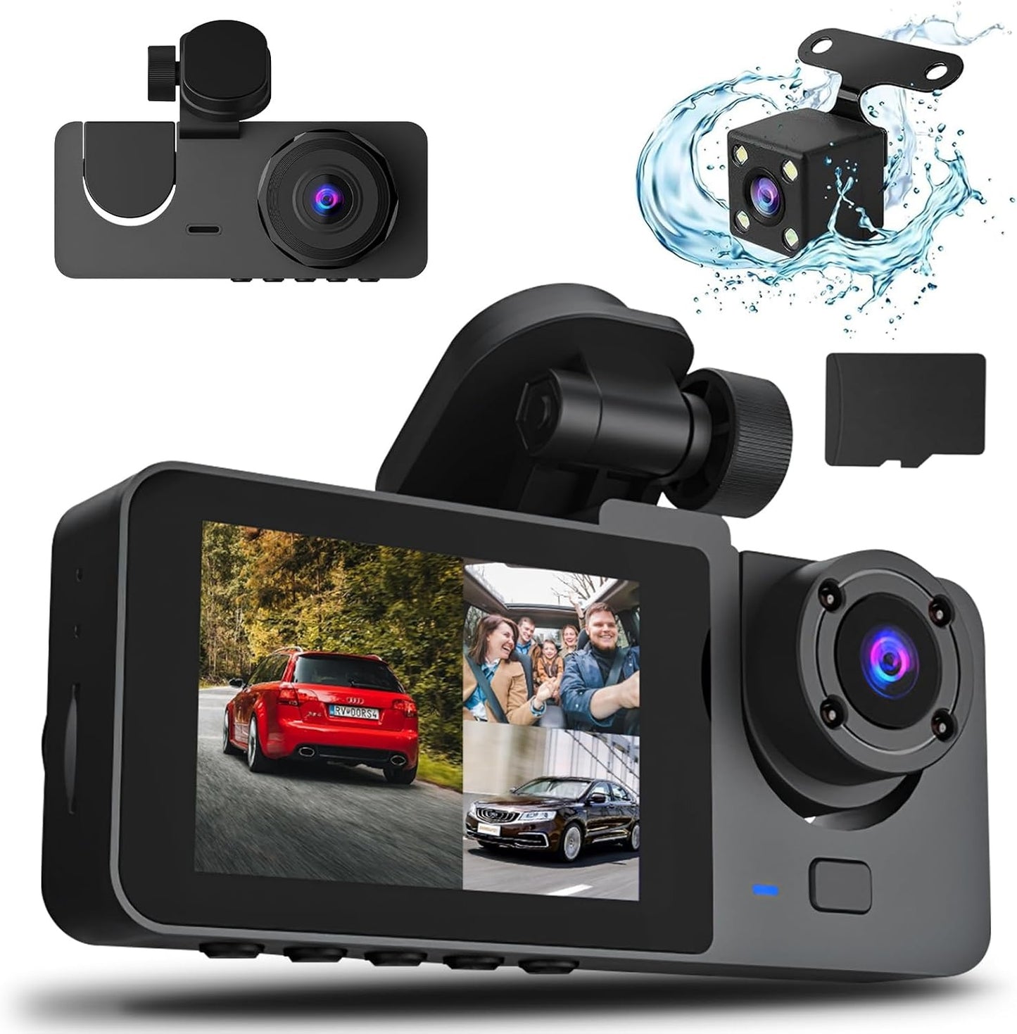 3-Channel Dash Cam 1080P | Front, Rear & Inside Car Camera with Night Vision